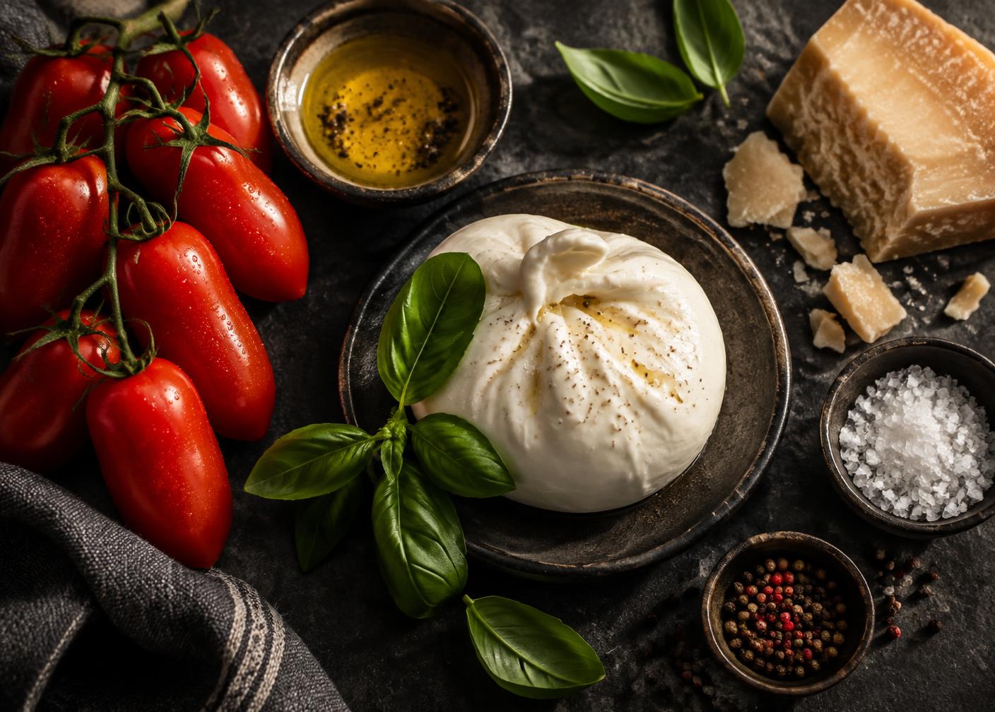Verse Italiaanse ingrediënten: tomaten, burrata, basilicum en parmezaan